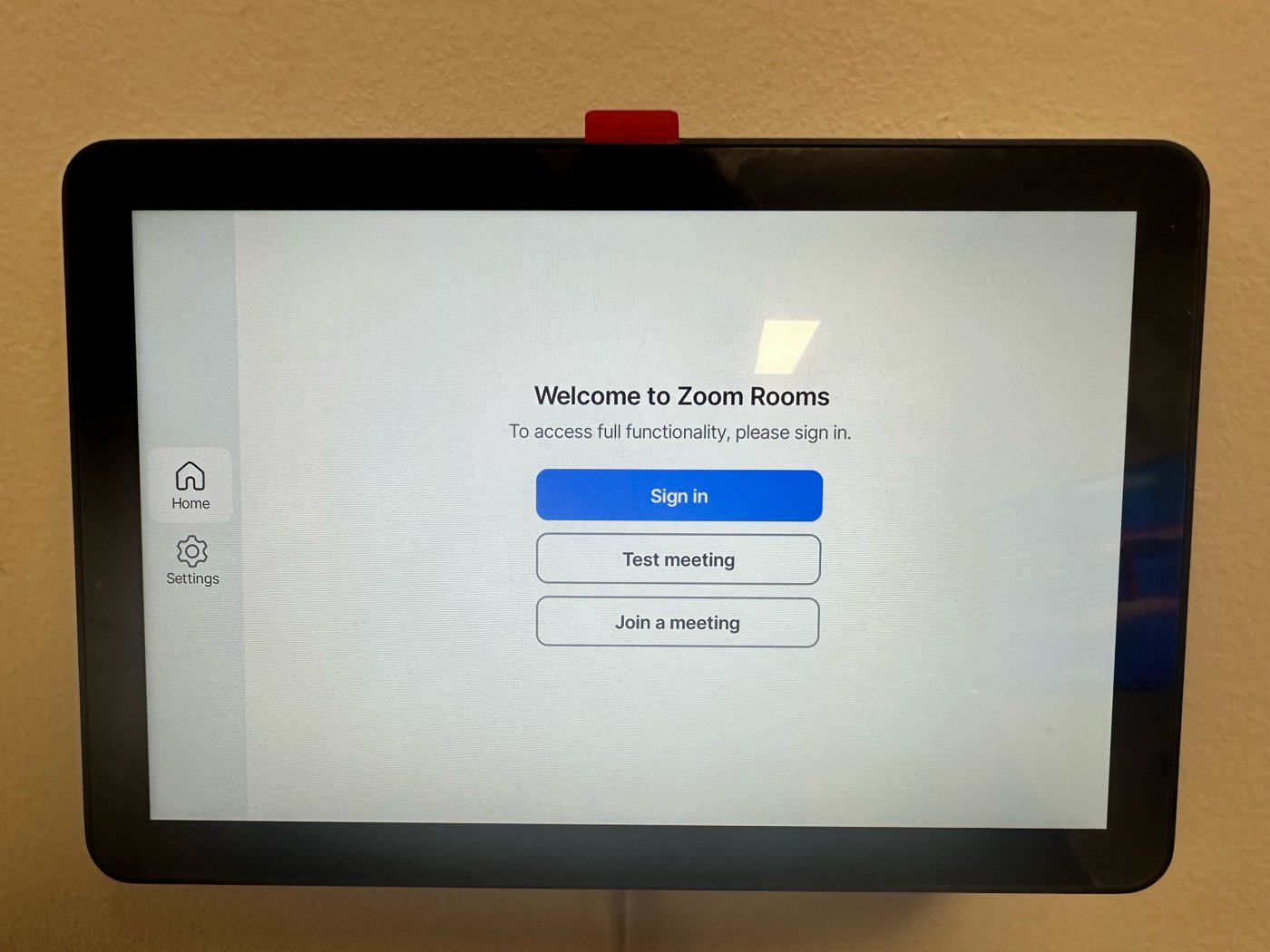 A36: Zoom Rooms controller tablet — tap to start or join a meeting