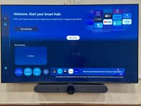 Room 205A: Display with Logitech soundbar and camera