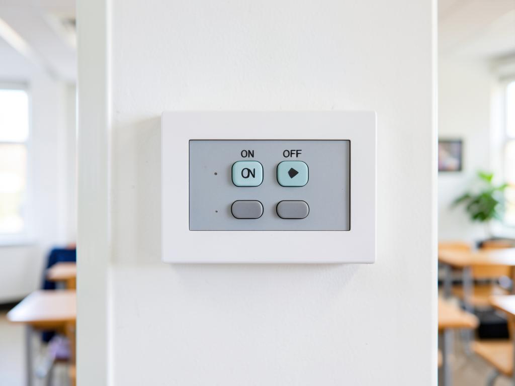 Wall panel: press ON to wake the room